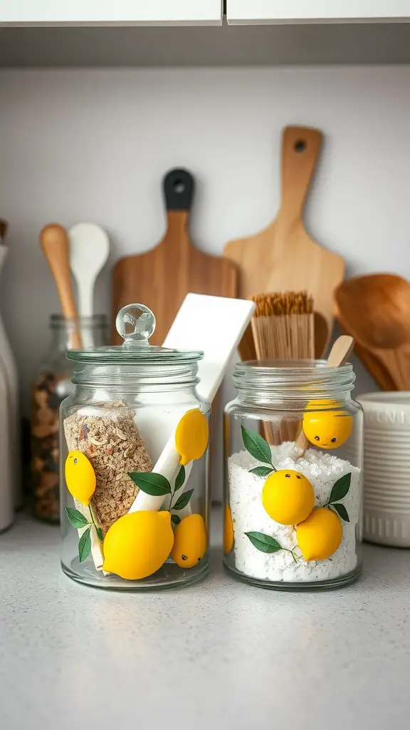 Two lemon-themed glass canisters on a kitchen counter, one with dried ingredients and the other with white powder, surrounded by wooden kitchen tools.