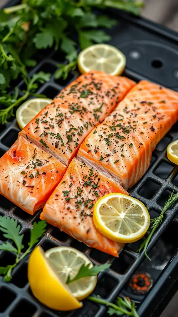 Grilled salmon fillets with lemon slices and fresh herbs on a grill