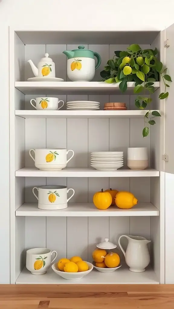 A collection of lemon-themed ceramics displayed on shelves, including teapots, cups, plates, and decorative lemons.