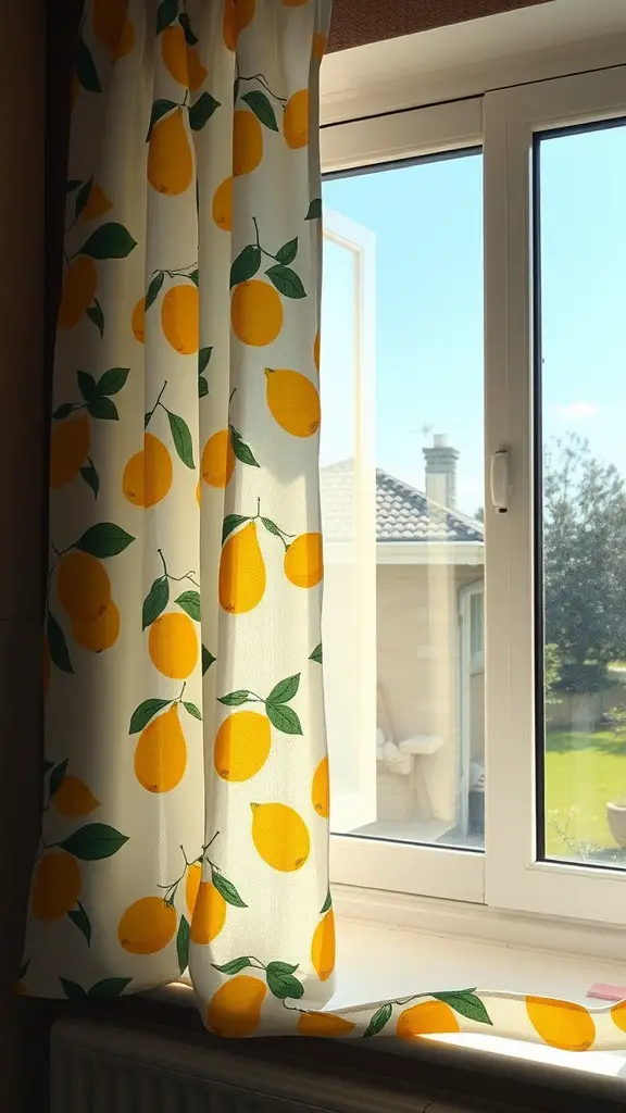 Lemon print curtains hanging in a bright kitchen window