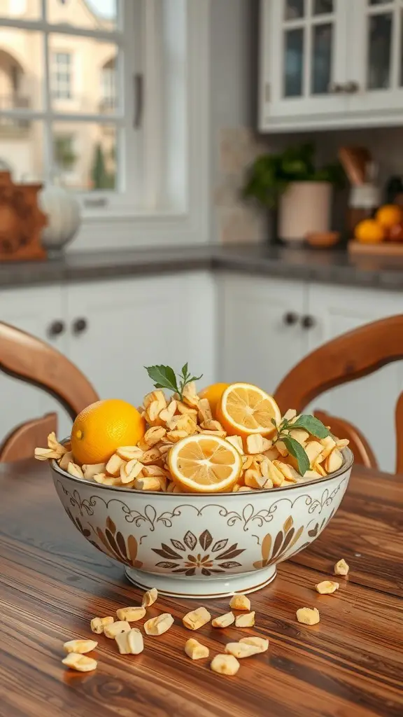 A decorative bowl filled with lemons, lemon slices, and dried lemon peels, placed on a wooden table.