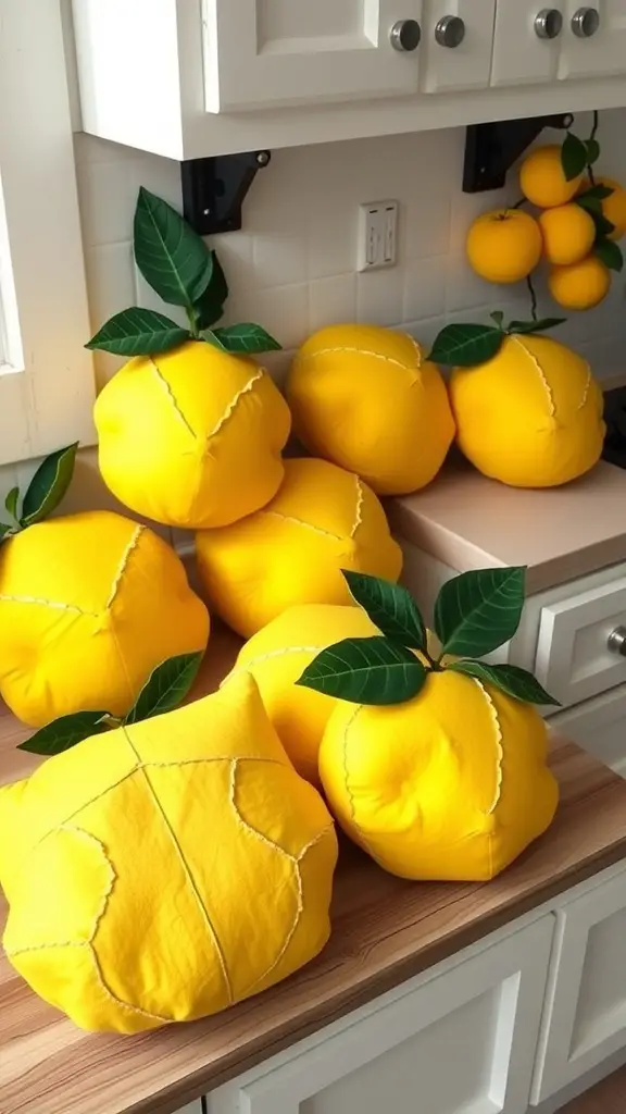 A collection of lemon-shaped pillows in a kitchen setting