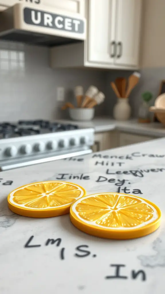 Lemon slice coasters on a marble countertop