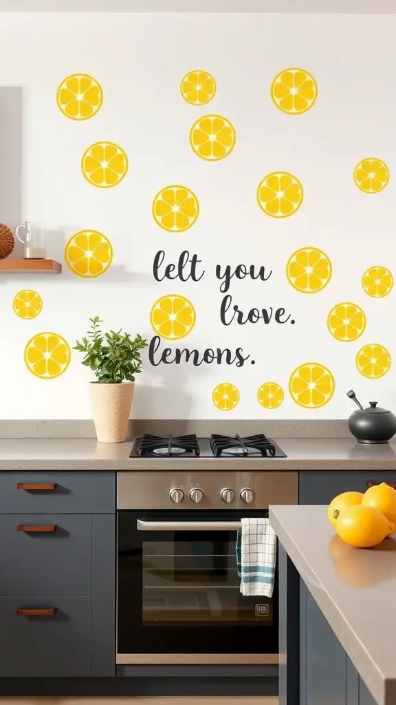 A kitchen wall decorated with yellow lemon slice decals and a quote about loving lemons.