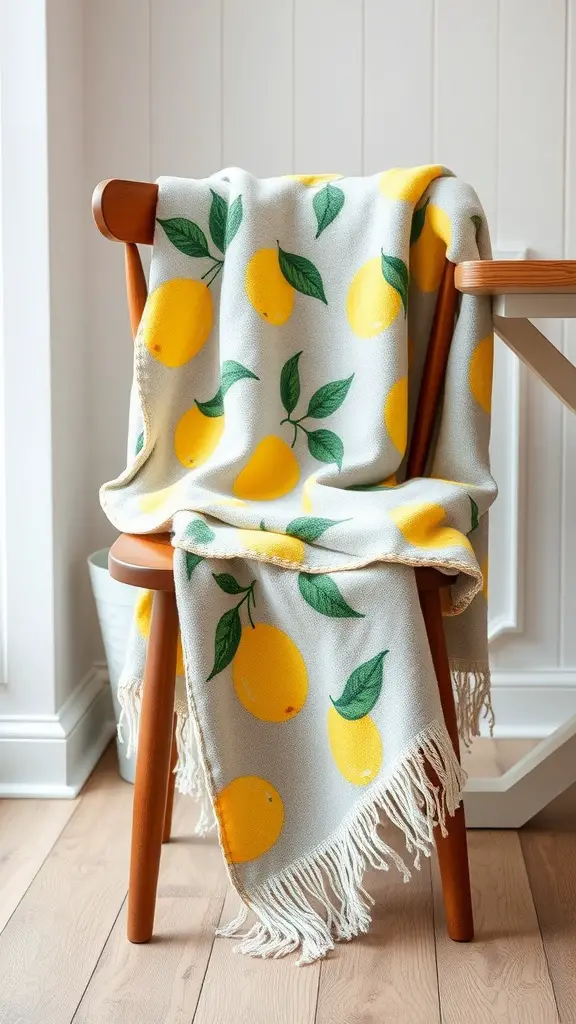 A lemon throw blanket draped over a wooden chair, featuring a pattern of bright lemons and green leaves.