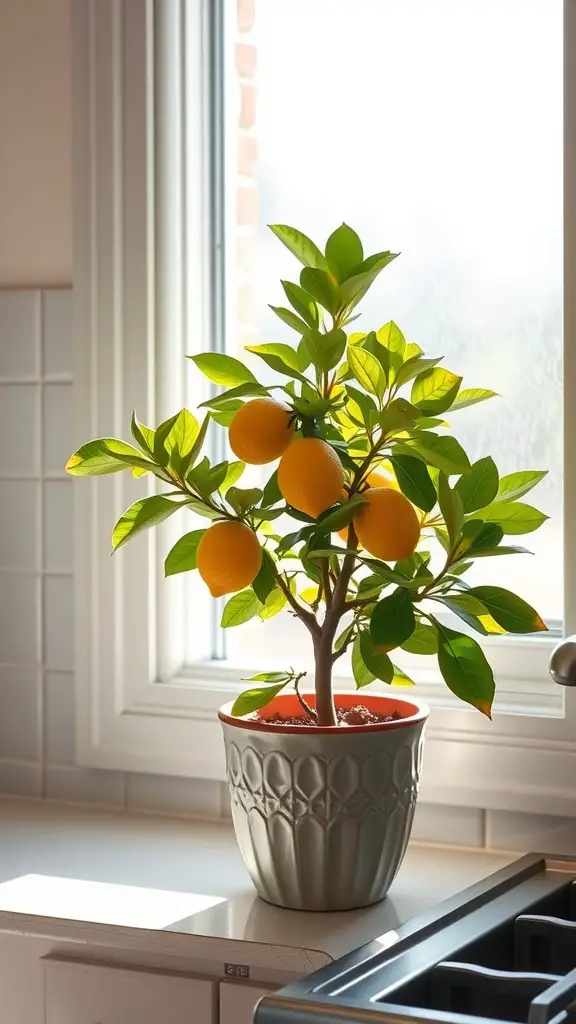 A decorative lemon tree in a pot placed on a kitchen counter near a window with sunlight