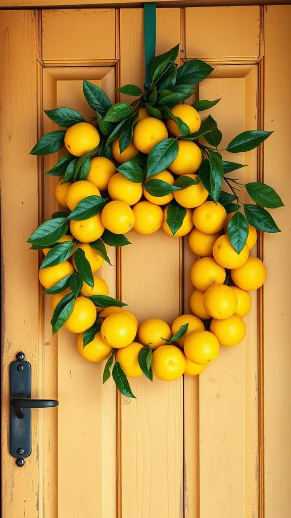 A vibrant lemon wreath hanging on a yellow kitchen door, surrounded by lush green leaves