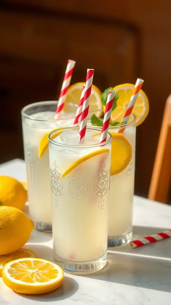 21 Stunning Summer Table Decoration Ideas You'll Love 8 Three glasses of lemonade with lemon slices and striped straws on a table.