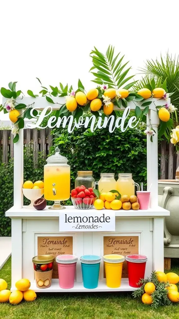 17 Creative Summer Bridal Shower Ideas for a Memorable Celebration 6 A beautifully arranged lemonade stand with lemons, fresh fruits, and colorful cups.