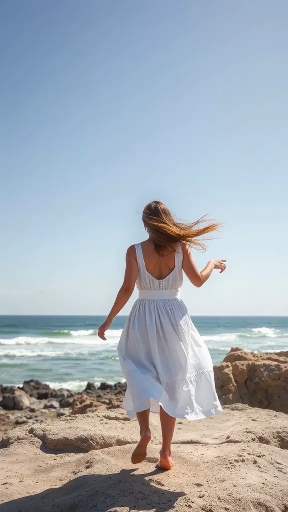 21 Stylish Summer Wedding Guest Dress Ideas to Make You Shine 14 Woman in a white shift dress walking on the beach with ocean waves in the background