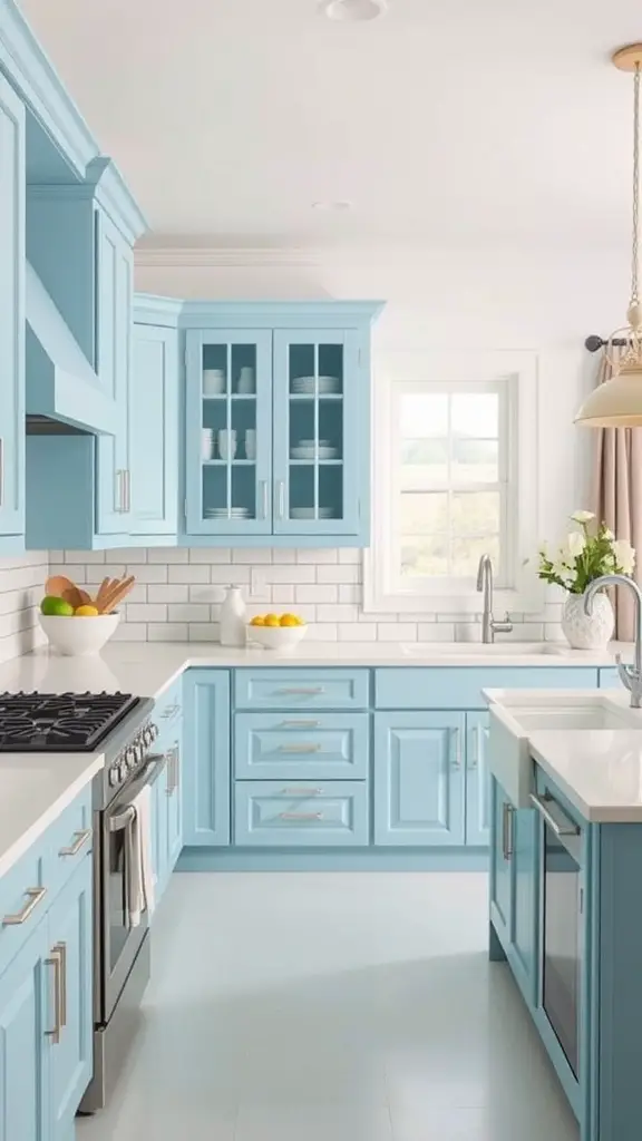 A kitchen featuring light blue cabinets, white countertops, and a bright atmosphere.