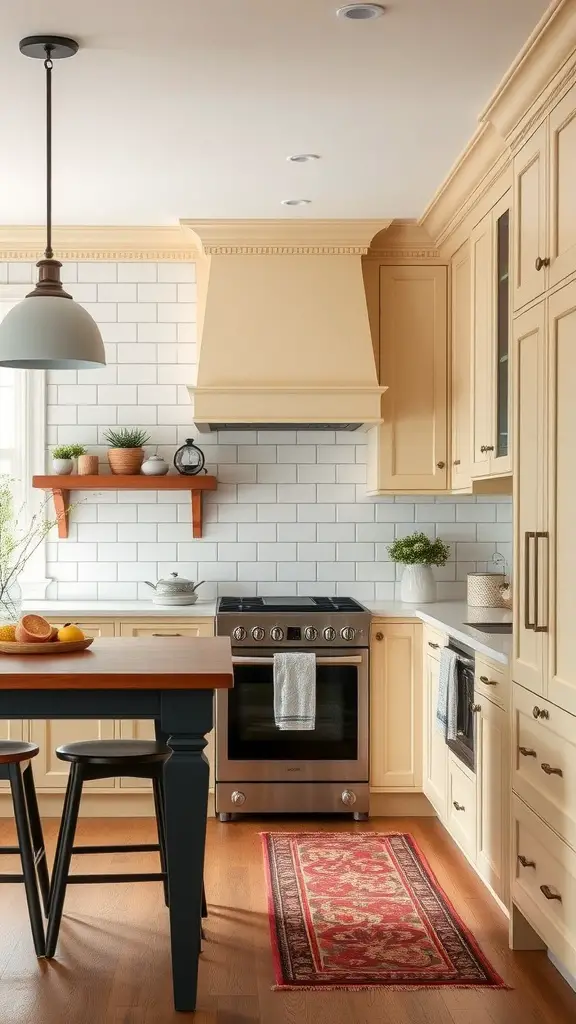 A kitchen featuring light creamy yellow cabinets, white subway tiles, and a warm wooden floor