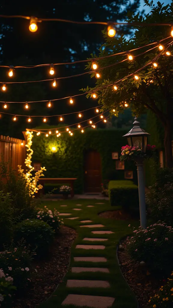 A garden path illuminated with string lights, creating a cozy atmosphere for a tea party.