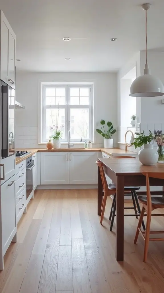 A bright Scandinavian kitchen with light wood flooring, white cabinets, and a wooden dining table.