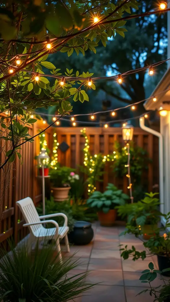 Cozy patio garden with warm string lights and lush greenery