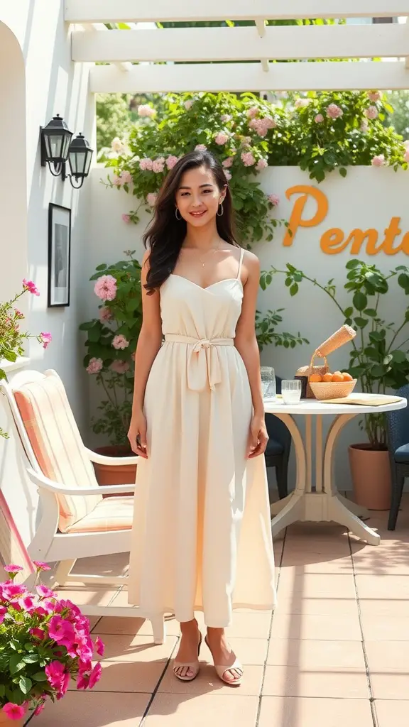 21 Stylish Summer Wedding Guest Dress Ideas to Make You Shine 5 A young woman wearing a lightweight A-line midi dress standing in a garden setting
