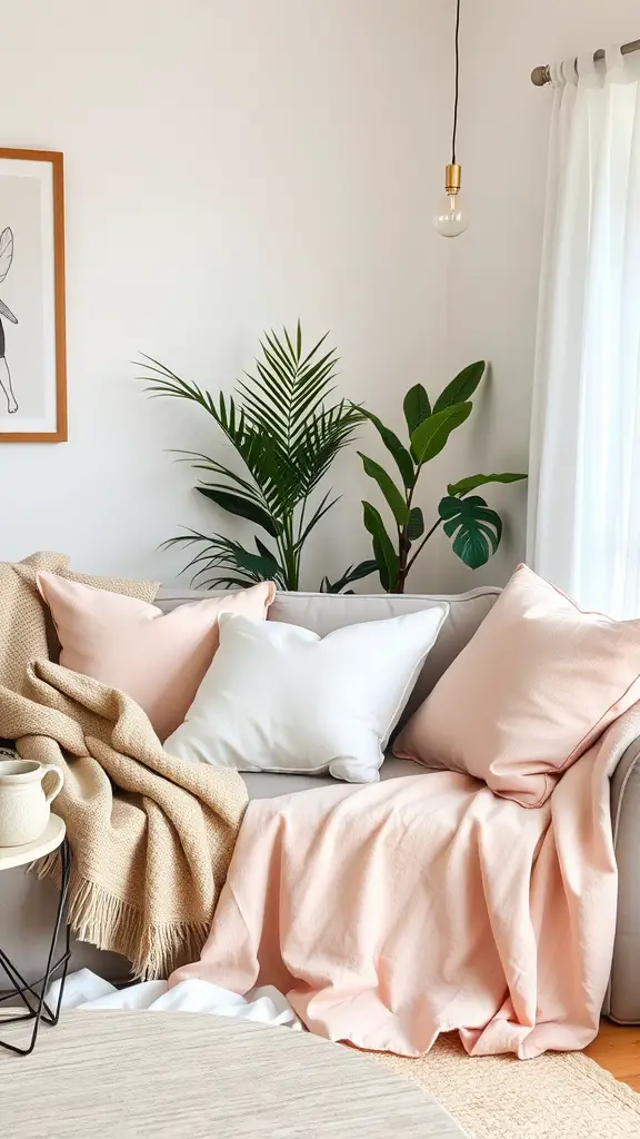 A cozy sofa with lightweight pink throws and pillows, accompanied by indoor plants.