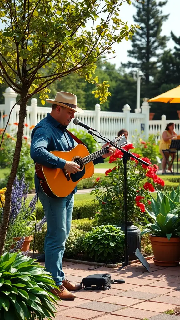 A musician performing live acoustic music in a beautiful garden setting