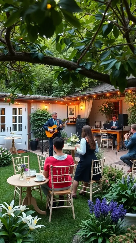 A garden tea party scene with a live musician performing for seated guests.