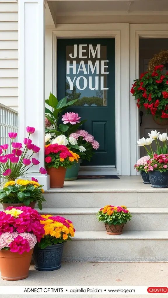 A front porch decorated with colorful floral arrangements in pots, showcasing a variety of flowers, including tulips and chrysanthemums, alongside a door with a decorative wreath.