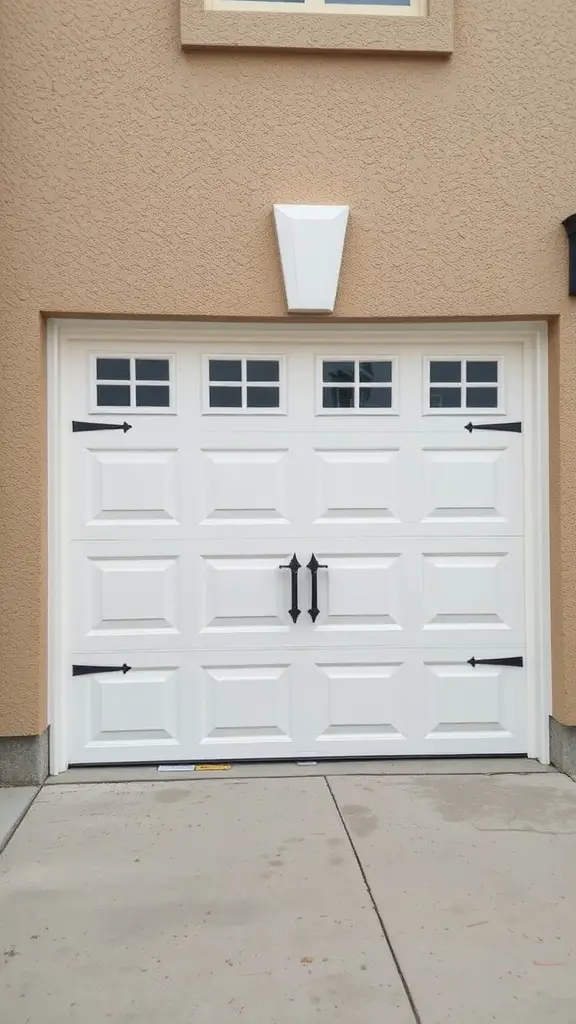 A stylish white garage door with black hardware, set against a tan wall.