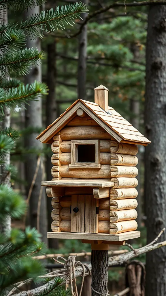 25 Creative DIY Birdhouse Design Ideas 9 A log cabin style birdhouse nestled among trees in a forest.
