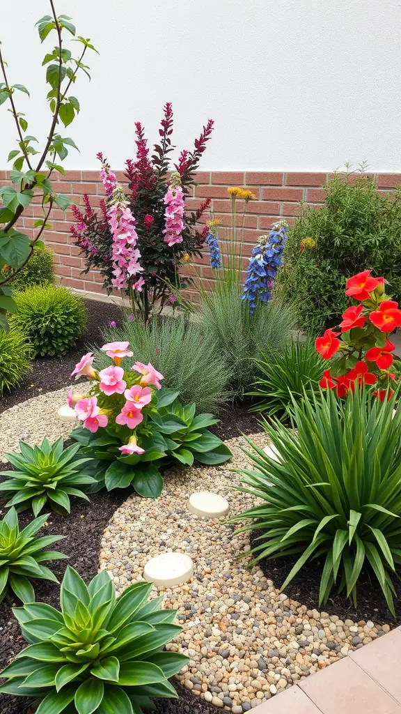 A colorful garden featuring flowers and a stone pathway, showcasing low-cost landscaping ideas.