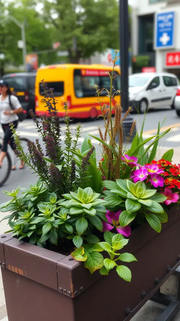 Colorful flower box filled with a variety of plants in an urban setting.