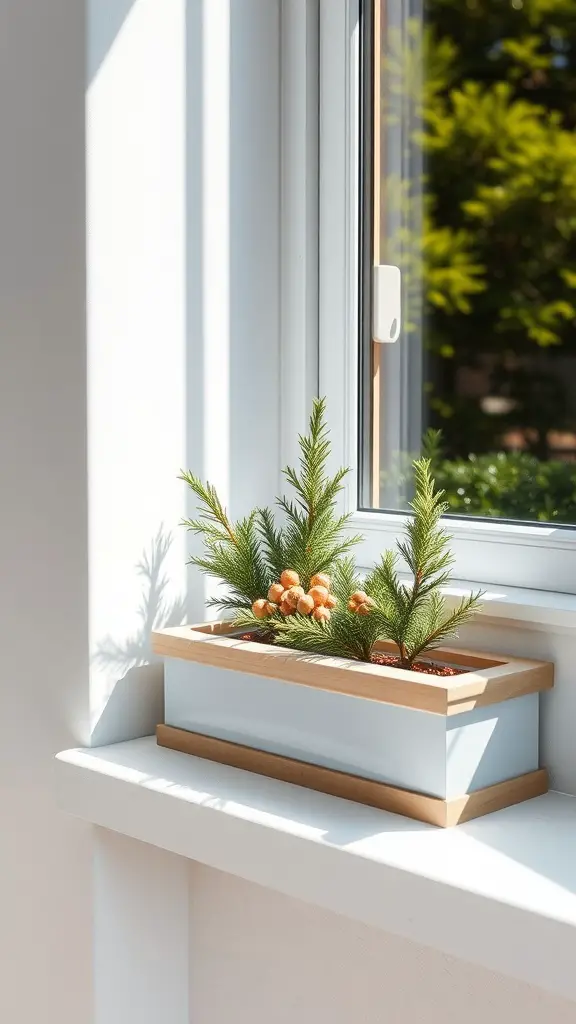 21 Stunning Full Sun Window Box Ideas for Your Garden 12 A stylish window box with evergreen plants and decorative cones on a bright windowsill.