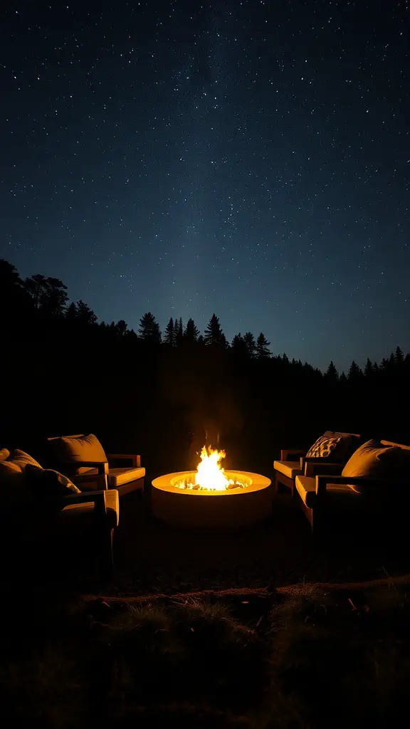 A cozy fire pit area with low-profile seating under a starry night sky.