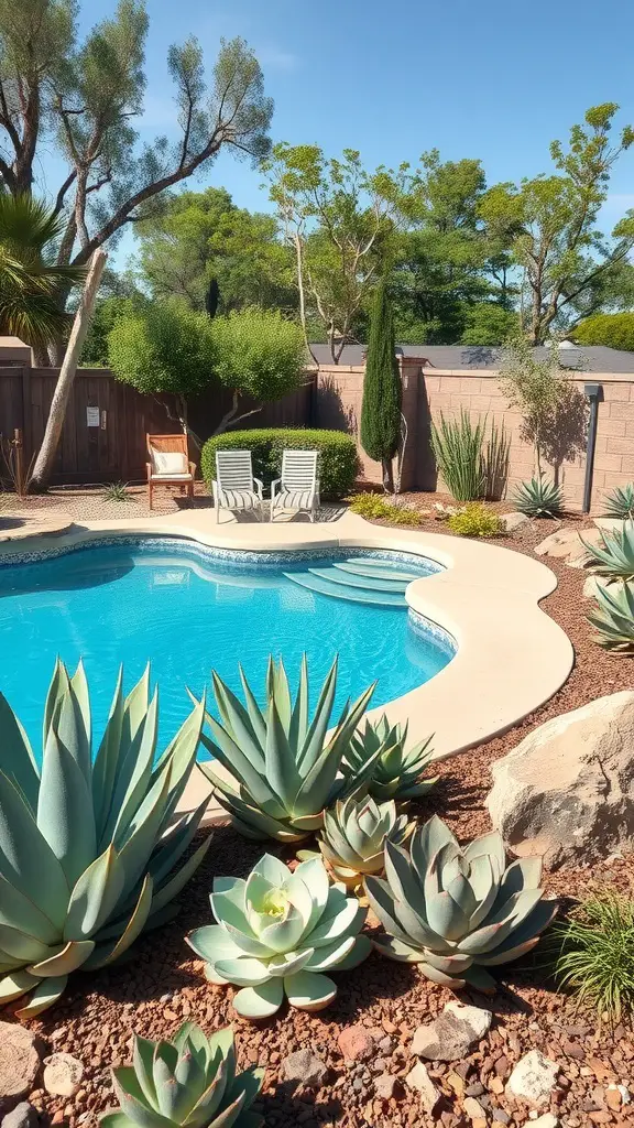 A beautifully landscaped pool area with various low maintenance succulents surrounding the water.