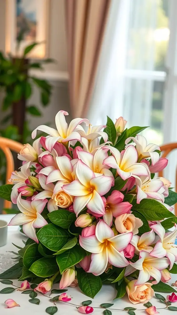17 Stunning Summer Flower Arrangement Ideas 14 A lush bouquet featuring gardenias and jasmine flowers, with soft pastel roses and green leaves, displayed on a table.