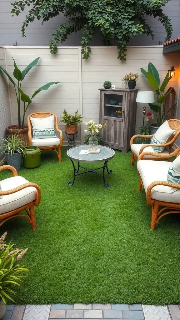 21 Creative Grass Patio Ideas for Your Outdoor Space 5 Cozy patio with lush green turf, wicker chairs, and potted plants.