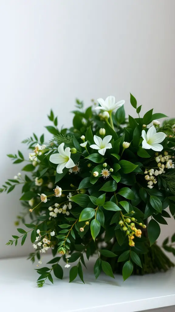 17 Stunning Summer Wedding Bouquet Ideas You’ll Love 14 A bouquet featuring lush greenery and white flowers.