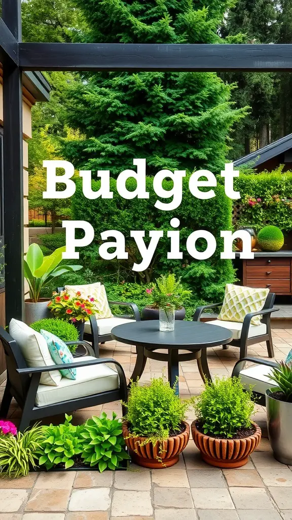 Cozy outdoor patio with lush greenery and comfortable seating.