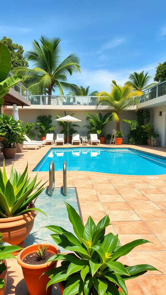 A pool deck surrounded by lush greenery, featuring palm trees and potted plants