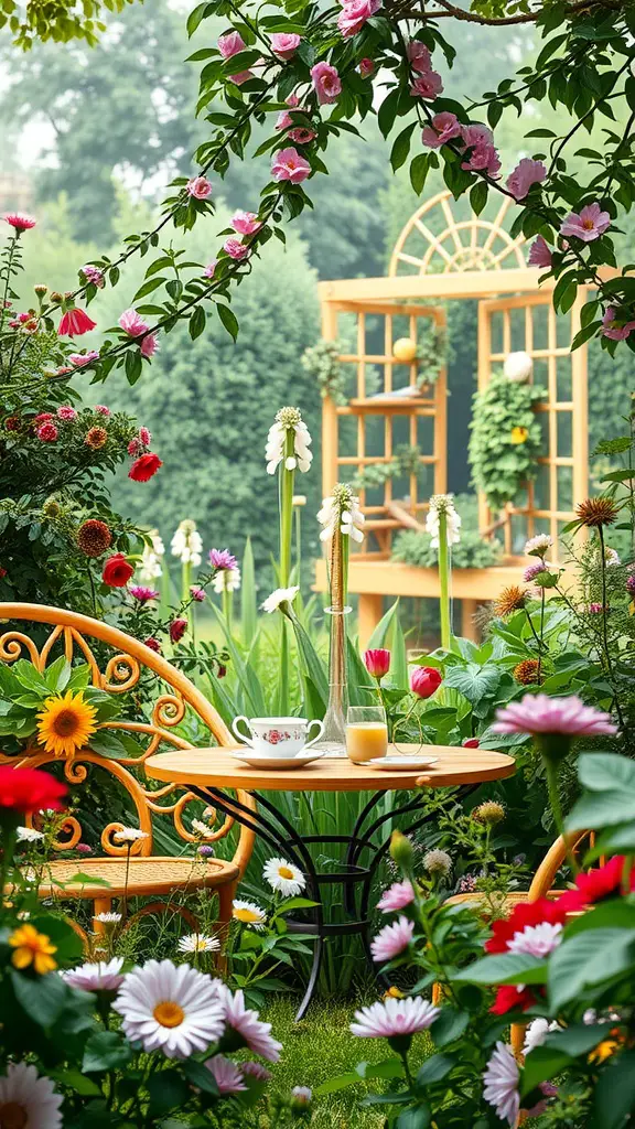 A beautiful garden with a table and chairs surrounded by colorful flowers, creating a cozy tea party atmosphere.