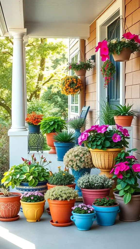 19 Stunning Front Porch Inspiration Ideas for Your Home 8 A front porch decorated with various potted plants in colorful pots, showcasing flowers and greenery.