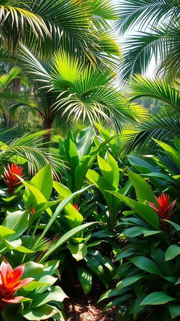 A lush tropical garden showcasing varied foliage with palm trees and colorful plants