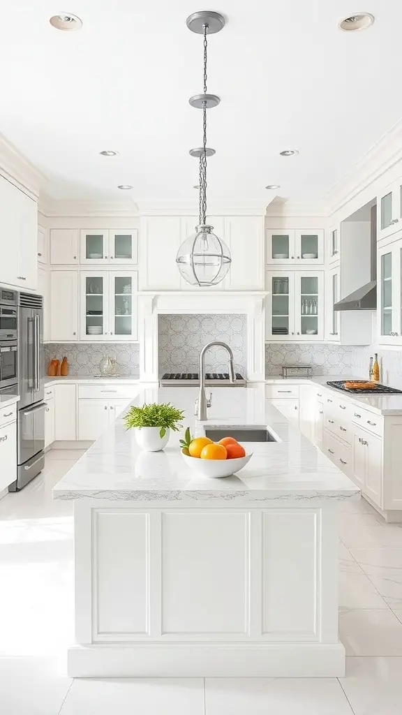 Luxurious white kitchen with an oversized island, featuring marble countertops, glass cabinetry, and pendant lighting.