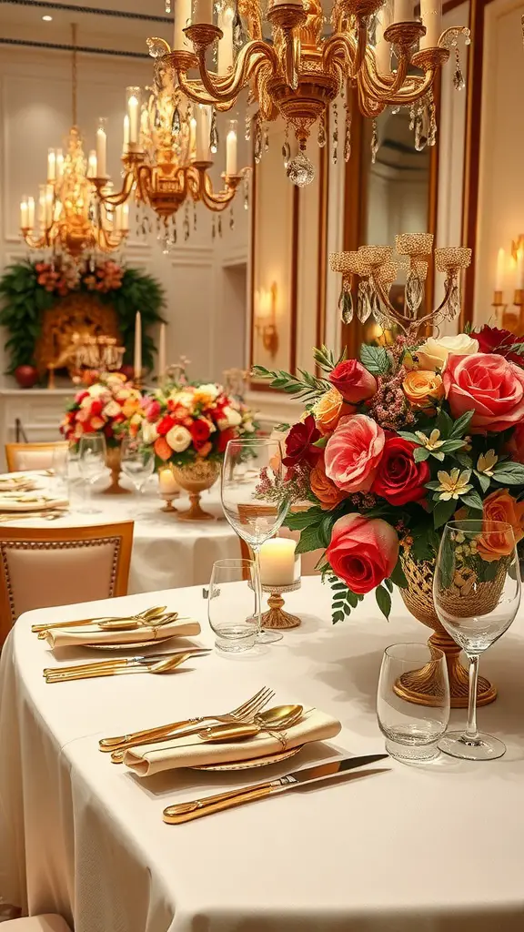 Elegant dining table with gold accents, floral arrangements, and luxurious decor.