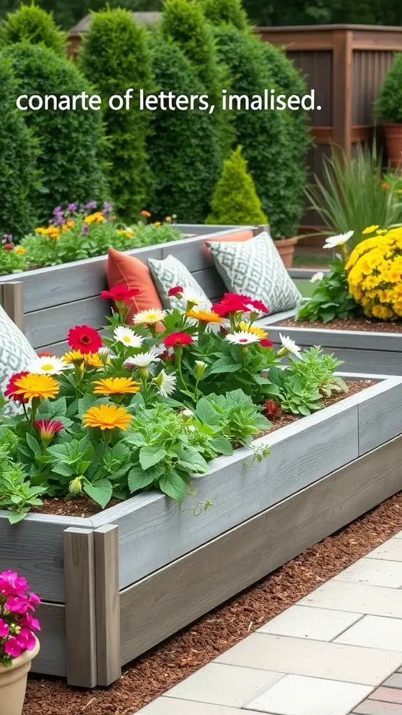 Luxury raised garden bed with colorful flowers and seating area