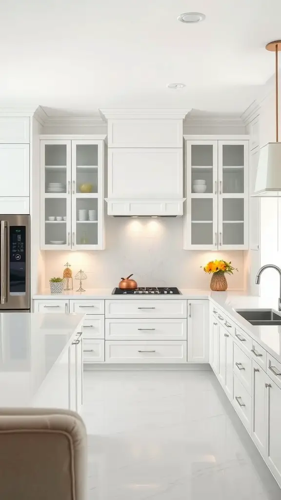 A luxury white kitchen featuring high-end appliances, elegant cabinetry, and stylish decor.