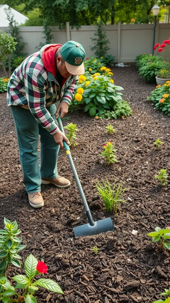21 Creative Mulch Landscaping Ideas to Transform Your Outdoor Space 17 A person using a tool to maintain mulch in a garden filled with colorful flowers and plants