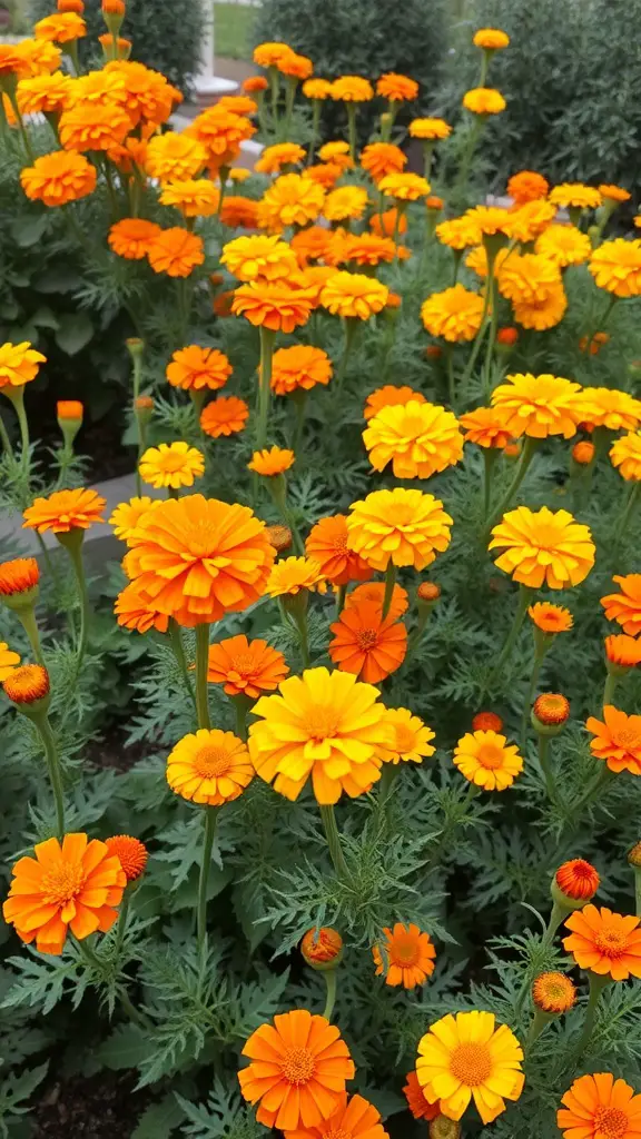 A vibrant display of marigolds in shades of orange and yellow.