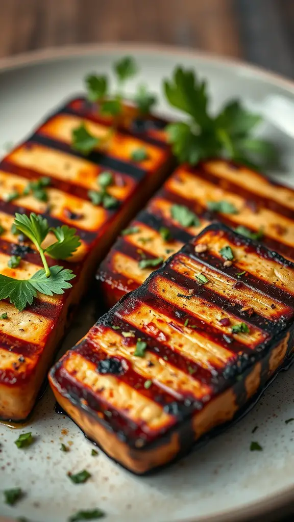 Grilled marinated tofu steaks garnished with herbs on a plate.