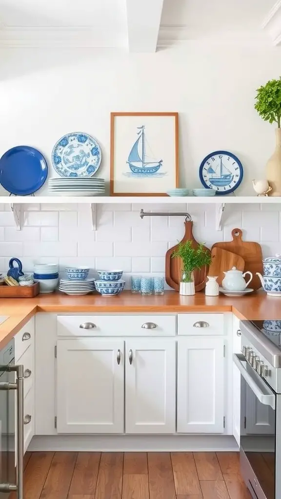 A bright kitchen featuring blue and white marine-inspired decor, including plates and a sailboat artwork.