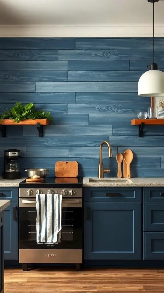 A kitchen featuring marine blue shiplap backsplash with dark cabinets and wooden shelves