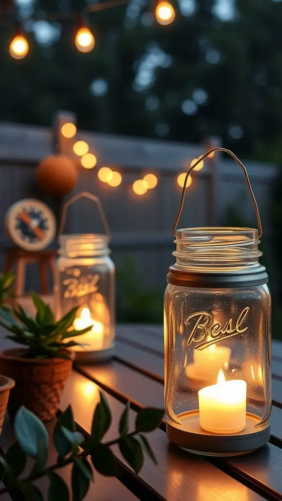 Mason jar lanterns on a patio table with warm candlelight and decorative string lights in the background.