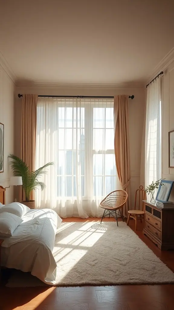 27 Stylish Summer Bedroom Ideas to Refresh Your Space 10 Bright bedroom with large windows and soft curtains, featuring a cozy bed and plants.